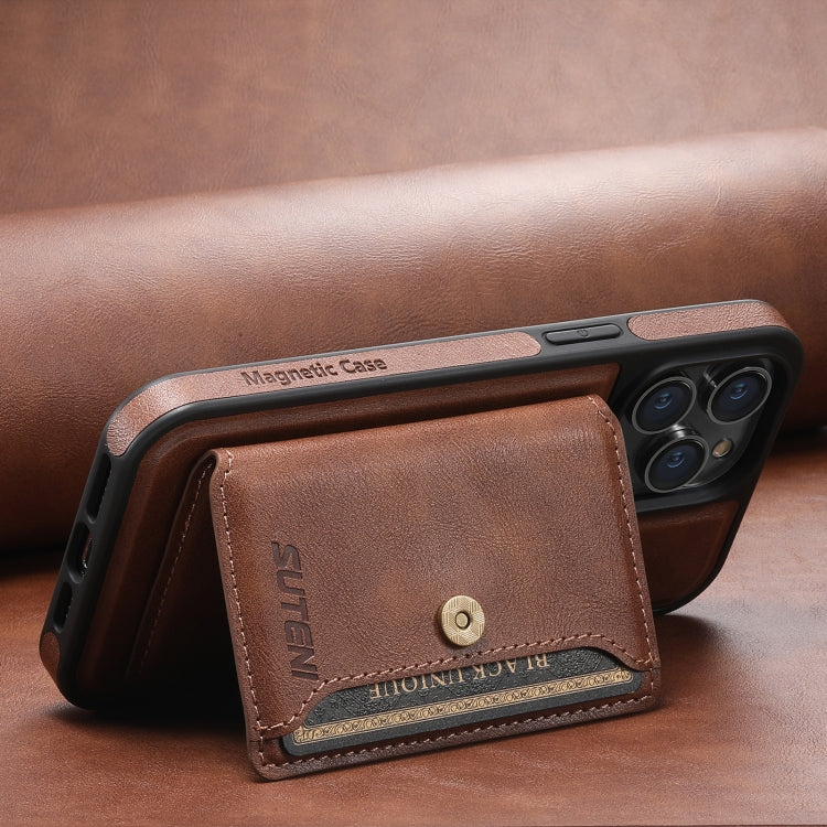 For iPhone 15 Plus Suteni M1 Oil Wax MagSafe Detachable Horizontal Card Bag Phone Case(Brown) - iPhone 15 Plus Cases by Suteni | Online Shopping South Africa | PMC Jewellery | Buy Now Pay Later Mobicred