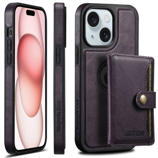 For iPhone 15 Suteni M1 Oil Wax MagSafe Detachable Horizontal Card Bag Phone Case(Purple) - iPhone 15 Cases by Suteni | Online Shopping South Africa | PMC Jewellery | Buy Now Pay Later Mobicred