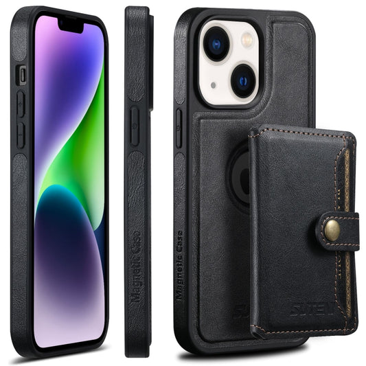 For iPhone 14 Plus Suteni M1 Oil Wax MagSafe Detachable Horizontal Card Bag Phone Case(Black) - iPhone 14 Plus Cases by Suteni | Online Shopping South Africa | PMC Jewellery | Buy Now Pay Later Mobicred