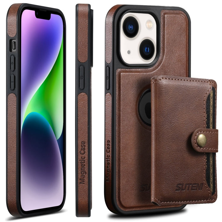 For iPhone 14 Suteni M1 Oil Wax MagSafe Detachable Horizontal Card Bag Phone Case(Brown) - iPhone 14 Cases by Suteni | Online Shopping South Africa | PMC Jewellery | Buy Now Pay Later Mobicred