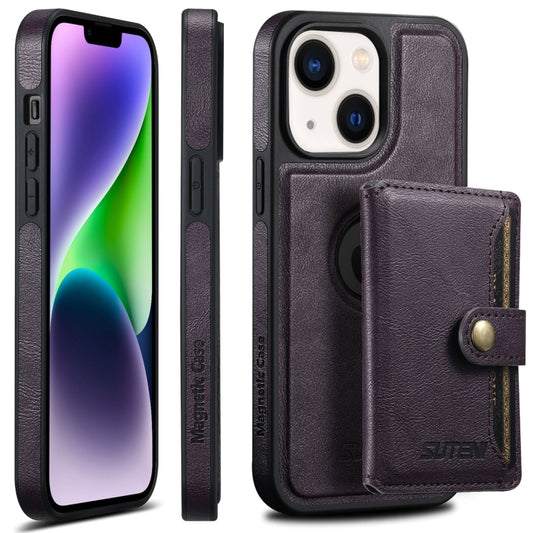 For iPhone 14 Suteni M1 Oil Wax MagSafe Detachable Horizontal Card Bag Phone Case(Purple) - iPhone 14 Cases by Suteni | Online Shopping South Africa | PMC Jewellery | Buy Now Pay Later Mobicred