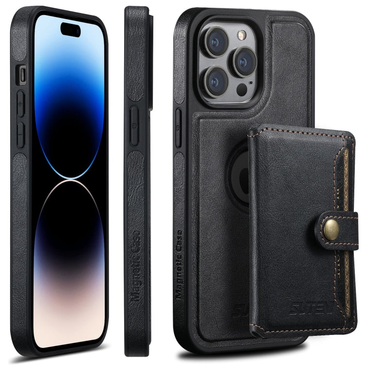 For iPhone 14 Pro Suteni M1 Oil Wax MagSafe Detachable Horizontal Card Bag Phone Case(Black) - iPhone 14 Pro Cases by Suteni | Online Shopping South Africa | PMC Jewellery | Buy Now Pay Later Mobicred