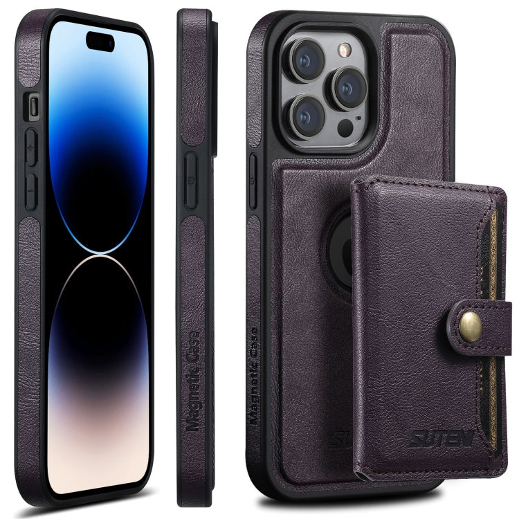 For iPhone 14 Pro Suteni M1 Oil Wax MagSafe Detachable Horizontal Card Bag Phone Case(Purple) - iPhone 14 Pro Cases by Suteni | Online Shopping South Africa | PMC Jewellery | Buy Now Pay Later Mobicred