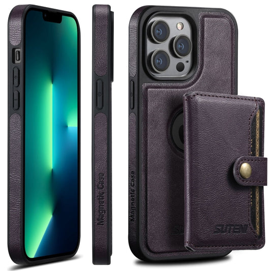 For iPhone 13 Pro Max Suteni M1 Oil Wax MagSafe Detachable Horizontal Card Bag Phone Case(Purple) - iPhone 13 Pro Max Cases by Suteni | Online Shopping South Africa | PMC Jewellery | Buy Now Pay Later Mobicred