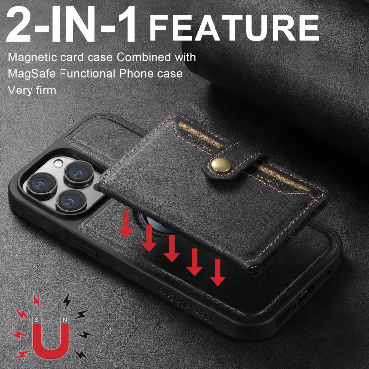 For iPhone 16 Pro Suteni M1 Oil Wax MagSafe Detachable Horizontal Card Bag Phone Case(Black) - iPhone 16 Pro Cases by Suteni | Online Shopping South Africa | PMC Jewellery | Buy Now Pay Later Mobicred