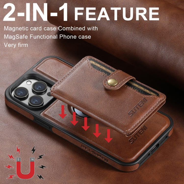 For iPhone 16 Pro Suteni M1 Oil Wax MagSafe Detachable Horizontal Card Bag Phone Case(Brown) - iPhone 16 Pro Cases by Suteni | Online Shopping South Africa | PMC Jewellery | Buy Now Pay Later Mobicred