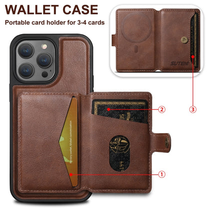 For iPhone 14 Plus Suteni M1 Oil Wax MagSafe Detachable Horizontal Card Bag Phone Case(Brown) - iPhone 14 Plus Cases by Suteni | Online Shopping South Africa | PMC Jewellery | Buy Now Pay Later Mobicred