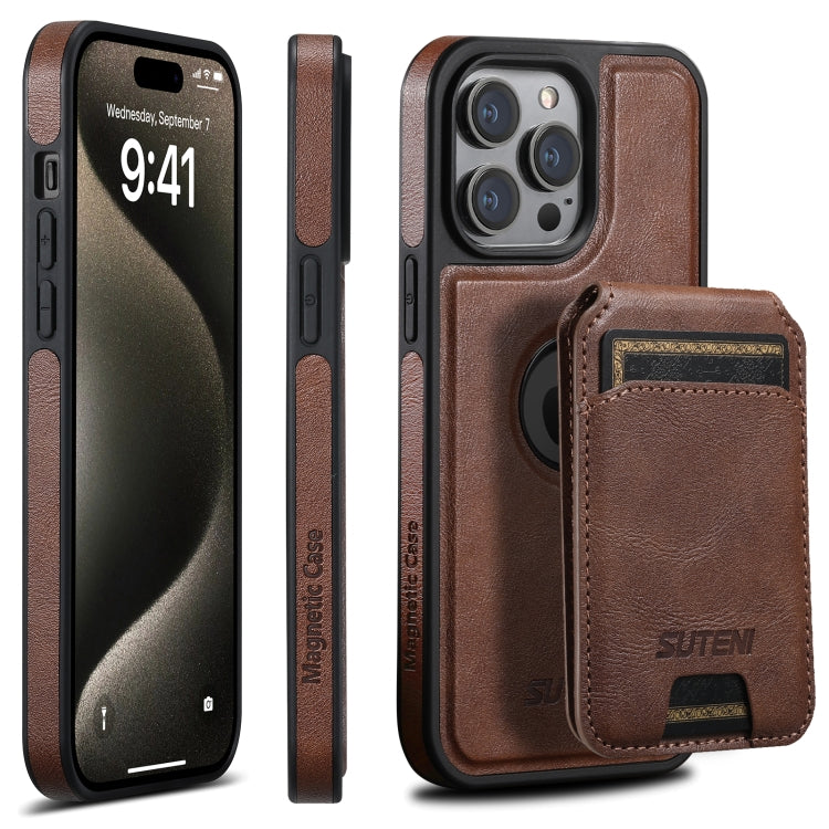 For iPhone 15 Pro Max Suteni M2 Oil Wax MagSafe Horizontal Card Bag Phone Case(Brown) - iPhone 15 Pro Max Cases by Suteni | Online Shopping South Africa | PMC Jewellery | Buy Now Pay Later Mobicred