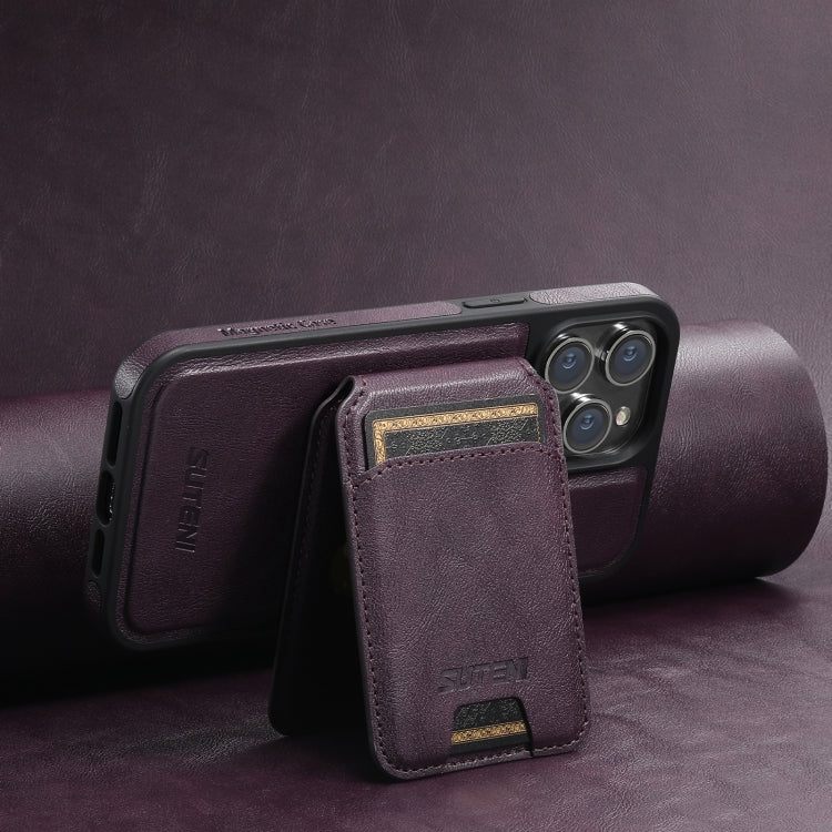 For iPhone 15 Pro Suteni M2 Oil Wax MagSafe Horizontal Card Bag Phone Case(Purple) - iPhone 15 Pro Cases by Suteni | Online Shopping South Africa | PMC Jewellery | Buy Now Pay Later Mobicred