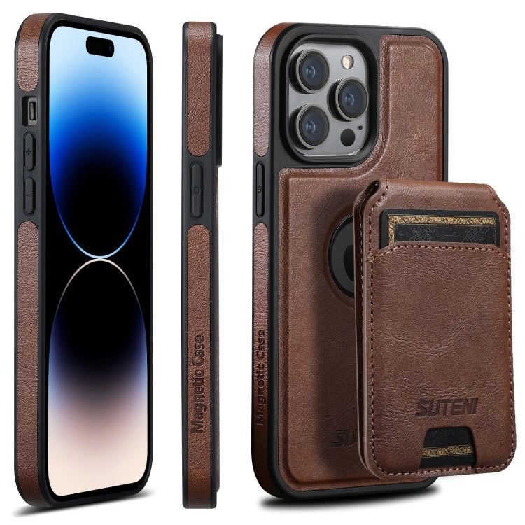 For iPhone 14 Pro Max Suteni M2 Oil Wax MagSafe Horizontal Card Bag Phone Case(Brown) - iPhone 14 Pro Max Cases by Suteni | Online Shopping South Africa | PMC Jewellery | Buy Now Pay Later Mobicred