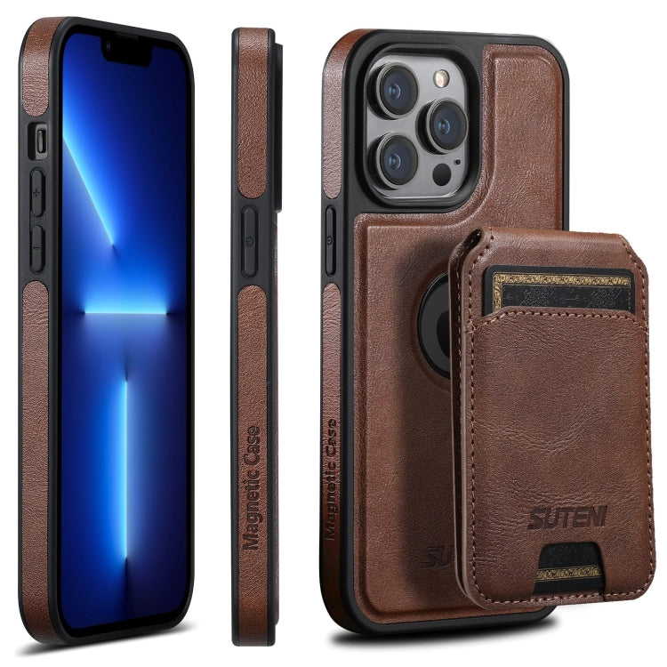 For iPhone 13 Pro Suteni M2 Oil Wax MagSafe Horizontal Card Bag Phone Case(Brown) - iPhone 13 Pro Cases by Suteni | Online Shopping South Africa | PMC Jewellery | Buy Now Pay Later Mobicred