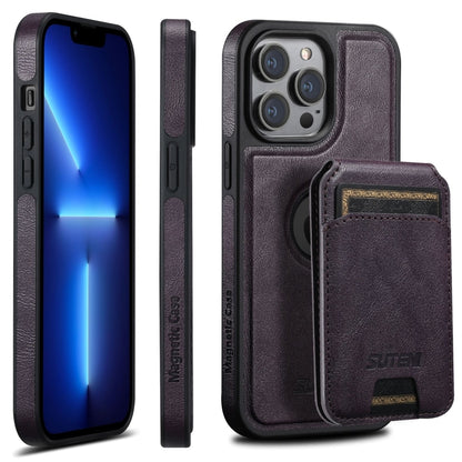 For iPhone 13 Pro Suteni M2 Oil Wax MagSafe Horizontal Card Bag Phone Case(Purple) - iPhone 13 Pro Cases by Suteni | Online Shopping South Africa | PMC Jewellery | Buy Now Pay Later Mobicred