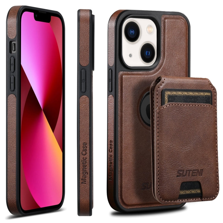 For iPhone 13 Suteni M2 Oil Wax MagSafe Horizontal Card Bag Phone Case(Brown) - iPhone 13 Cases by Suteni | Online Shopping South Africa | PMC Jewellery | Buy Now Pay Later Mobicred