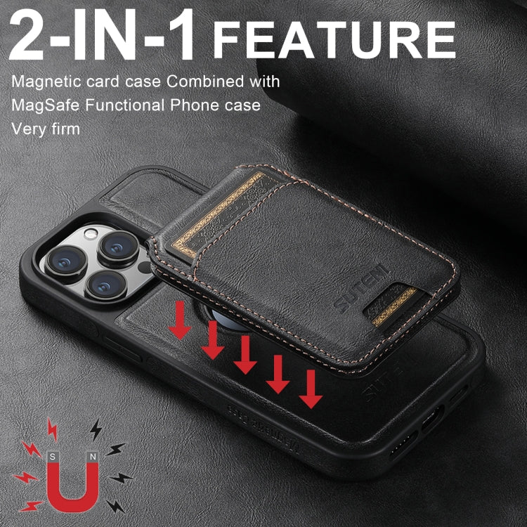 For iPhone 16 Suteni M2 Oil Wax MagSafe Horizontal Card Bag Phone Case(Black) - iPhone 16 Cases by Suteni | Online Shopping South Africa | PMC Jewellery | Buy Now Pay Later Mobicred