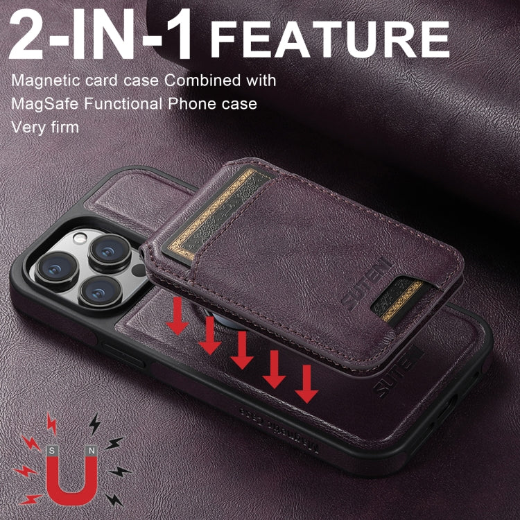 For iPhone 16 Suteni M2 Oil Wax MagSafe Horizontal Card Bag Phone Case(Purple) - iPhone 16 Cases by Suteni | Online Shopping South Africa | PMC Jewellery | Buy Now Pay Later Mobicred