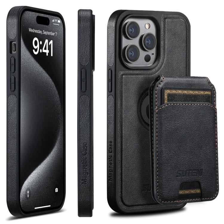 For iPhone 16 Pro Suteni M2 Oil Wax MagSafe Horizontal Card Bag Phone Case(Black) - iPhone 16 Pro Cases by Suteni | Online Shopping South Africa | PMC Jewellery | Buy Now Pay Later Mobicred