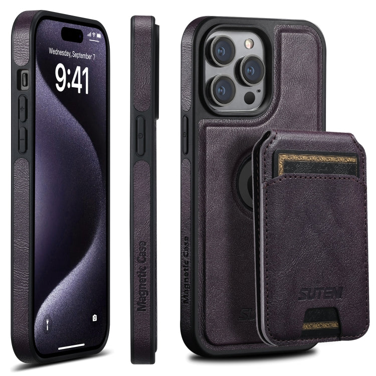 For iPhone 16 Pro Suteni M2 Oil Wax MagSafe Horizontal Card Bag Phone Case(Purple) - iPhone 16 Pro Cases by Suteni | Online Shopping South Africa | PMC Jewellery | Buy Now Pay Later Mobicred