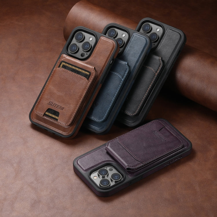 For iPhone 12  Suteni M2 Oil Wax MagSafe Horizontal Card Bag Phone Case(Brown) - iPhone 12 / 12 Pro Cases by Suteni | Online Shopping South Africa | PMC Jewellery | Buy Now Pay Later Mobicred