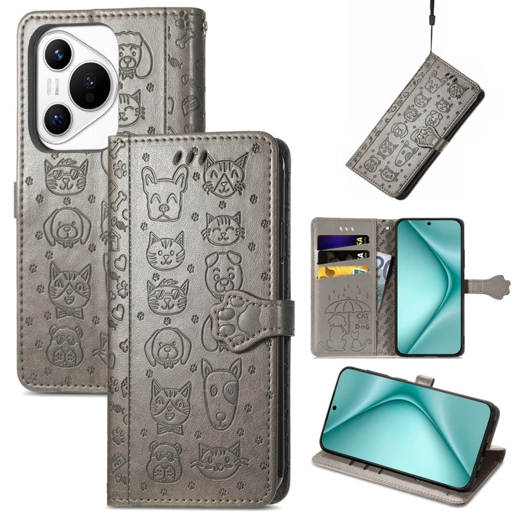 For Huawei Pura 70 Cat and Dog Embossed Leather Phone Case(Gray) - Huawei Cases by PMC Jewellery | Online Shopping South Africa | PMC Jewellery | Buy Now Pay Later Mobicred