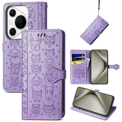 For Huawei Pura 70 Ultra Cat and Dog Embossed Leather Phone Case(Purple) - Huawei Cases by PMC Jewellery | Online Shopping South Africa | PMC Jewellery | Buy Now Pay Later Mobicred