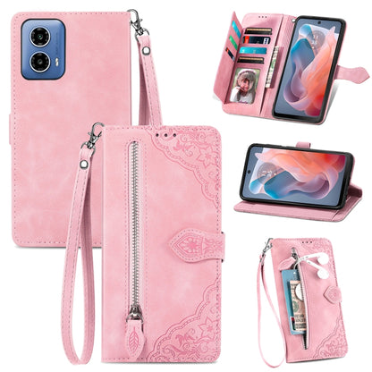 For Motorola Moto G Play 2024 Embossed Flower Zipper Leather Phone Case(Pink) - Motorola Cases by PMC Jewellery | Online Shopping South Africa | PMC Jewellery | Buy Now Pay Later Mobicred