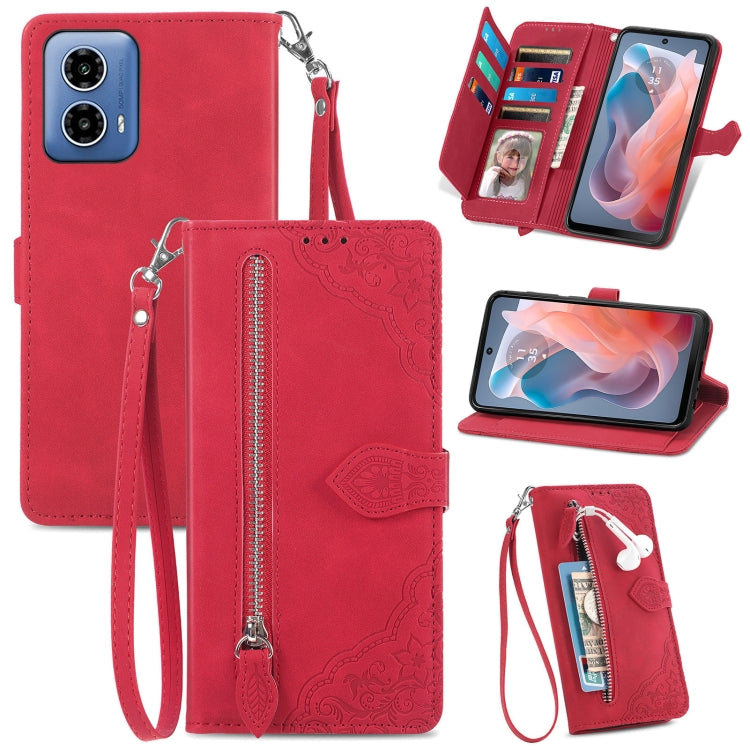 For Motorola Moto G Play 2024 Embossed Flower Zipper Leather Phone Case(Red) - Motorola Cases by PMC Jewellery | Online Shopping South Africa | PMC Jewellery | Buy Now Pay Later Mobicred