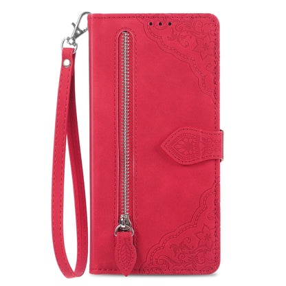 For Motorola Moto G Play 2024 Embossed Flower Zipper Leather Phone Case(Red) - Motorola Cases by PMC Jewellery | Online Shopping South Africa | PMC Jewellery | Buy Now Pay Later Mobicred