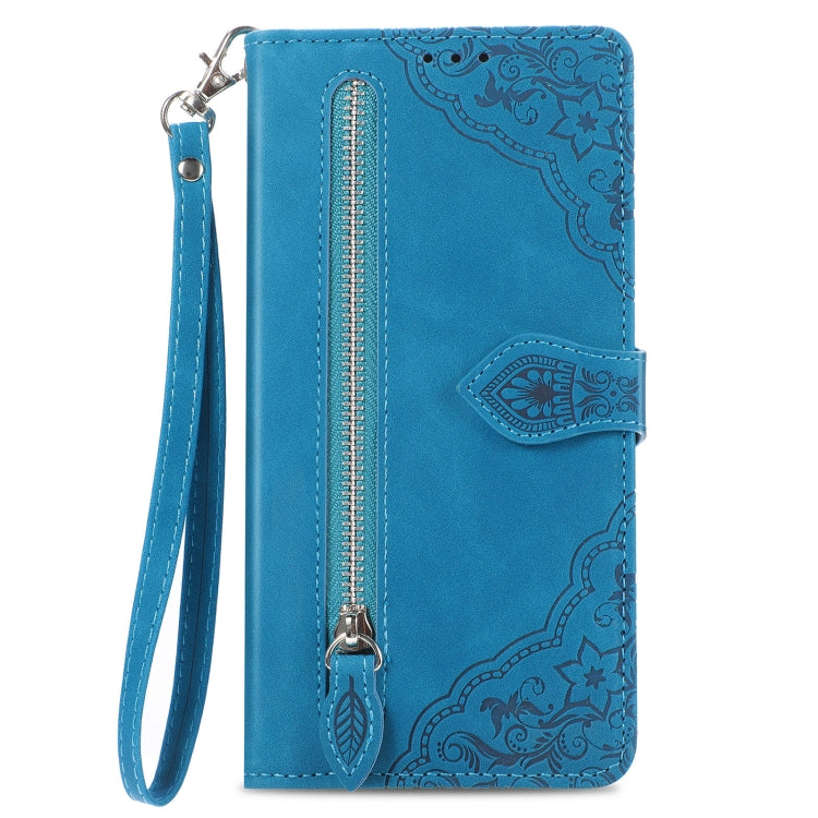 For Motorola Moto G Play 2024 Embossed Flower Zipper Leather Phone Case(Blue) - Motorola Cases by PMC Jewellery | Online Shopping South Africa | PMC Jewellery | Buy Now Pay Later Mobicred