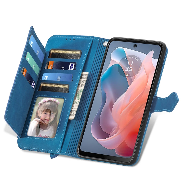 For Motorola Moto G Play 2024 Embossed Flower Zipper Leather Phone Case(Blue) - Motorola Cases by PMC Jewellery | Online Shopping South Africa | PMC Jewellery | Buy Now Pay Later Mobicred