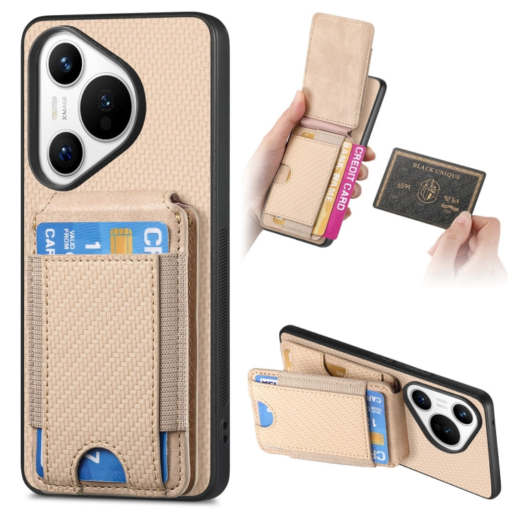 For Huawei Pura 70 Pro Carbon Fiber Vertical Flip Wallet Stand Phone Case(Khaki) - Huawei Cases by PMC Jewellery | Online Shopping South Africa | PMC Jewellery | Buy Now Pay Later Mobicred