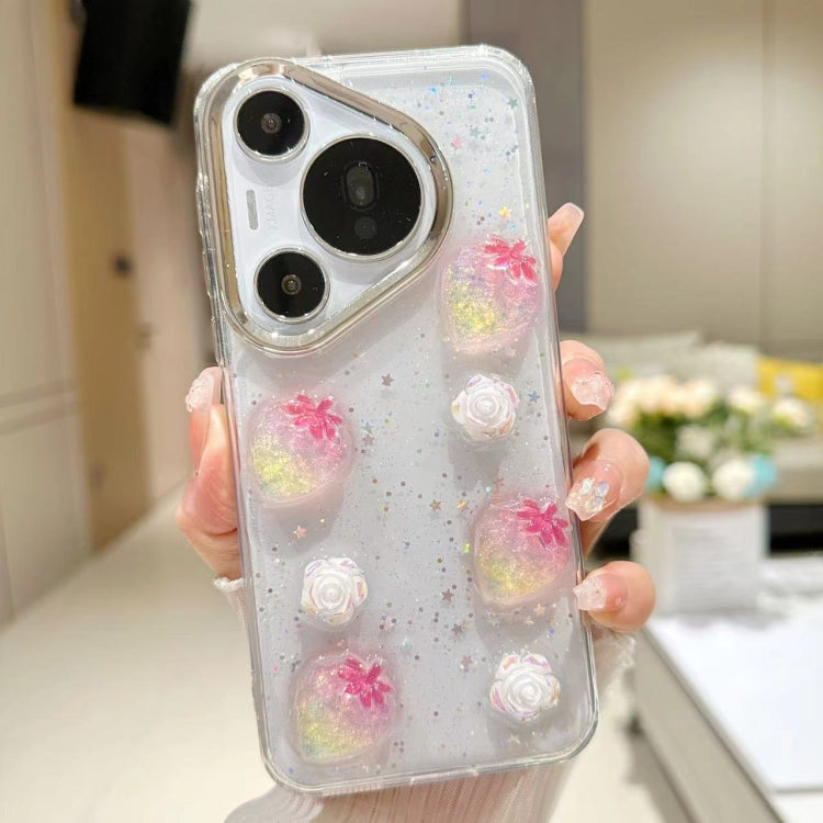 For Huawei Pura 70 Electroplated Frame 3D Strawberry Flower  TPU Phone Case(Colorful Flowers) - Huawei Cases by PMC Jewellery | Online Shopping South Africa | PMC Jewellery | Buy Now Pay Later Mobicred