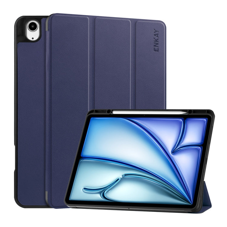 For iPad Air 13 2024 ENKAY Tri-fold Custer Texture TPU Leather Smart Tablet Case with Pen Slot(Dark Blue) - iPad Air 13 2024 Cases by ENKAY | Online Shopping South Africa | PMC Jewellery | Buy Now Pay Later Mobicred