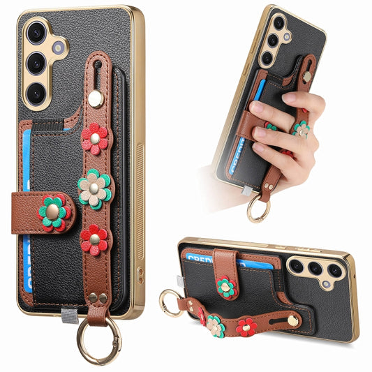 For Samsung Galaxy S24+ 5G Stereoscopic Flowers Wristband Card Bag Phone Case(Black) - Galaxy S24+ 5G Cases by PMC Jewellery | Online Shopping South Africa | PMC Jewellery | Buy Now Pay Later Mobicred