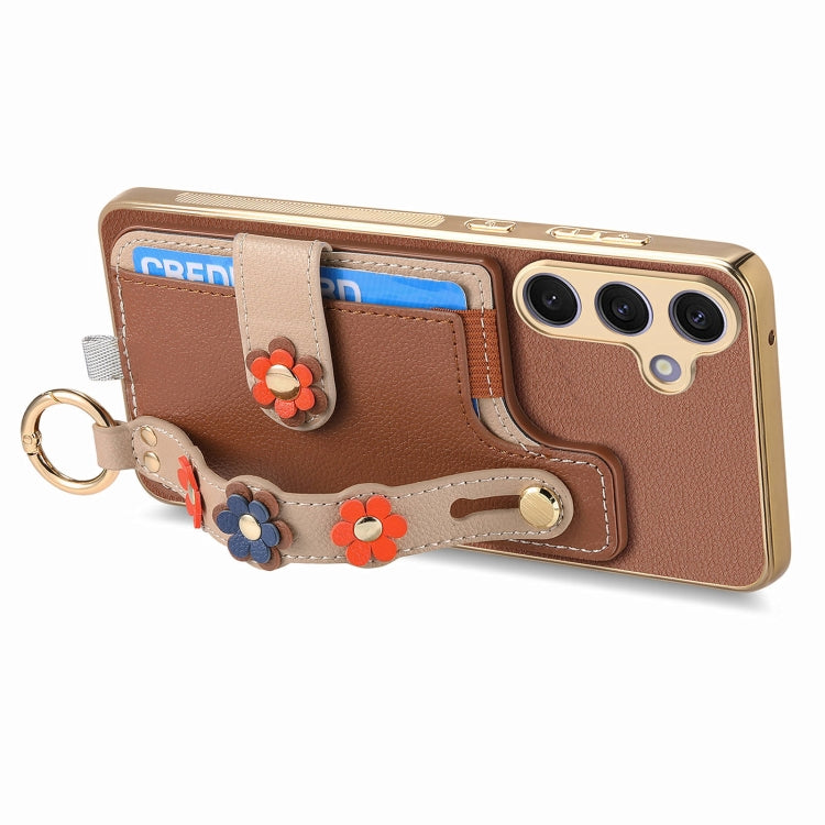 For Samsung Galaxy S24+ 5G Stereoscopic Flowers Wristband Card Bag Phone Case(Brown) - Galaxy S24+ 5G Cases by PMC Jewellery | Online Shopping South Africa | PMC Jewellery | Buy Now Pay Later Mobicred