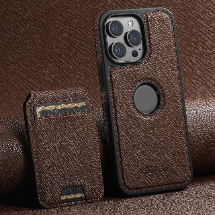 For iPhone 15 Pro Max Suteni M2 Cross-Grain MagSafe Vertical Card Back Phone Case(Brown) - iPhone 15 Pro Max Cases by Suteni | Online Shopping South Africa | PMC Jewellery | Buy Now Pay Later Mobicred