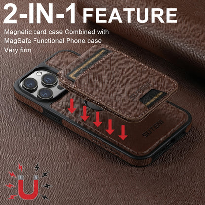 For iPhone 15 Suteni M2 Cross-Grain MagSafe Vertical Card Back Phone Case(Brown) - iPhone 15 Cases by Suteni | Online Shopping South Africa | PMC Jewellery | Buy Now Pay Later Mobicred