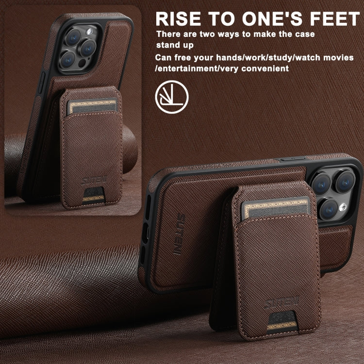 For iPhone 14 Pro Max Suteni M2 Cross-Grain MagSafe Vertical Card Back Phone Case(Brown) - iPhone 14 Pro Max Cases by Suteni | Online Shopping South Africa | PMC Jewellery | Buy Now Pay Later Mobicred