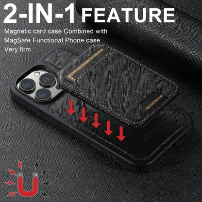 For iPhone 14 Plus Suteni M2 Cross-Grain MagSafe Vertical Card Back Phone Case(Black) - iPhone 14 Plus Cases by Suteni | Online Shopping South Africa | PMC Jewellery | Buy Now Pay Later Mobicred