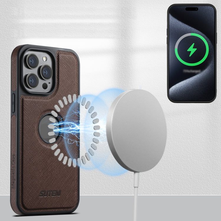 For iPhone 14 Plus Suteni M2 Cross-Grain MagSafe Vertical Card Back Phone Case(Brown) - iPhone 14 Plus Cases by Suteni | Online Shopping South Africa | PMC Jewellery | Buy Now Pay Later Mobicred