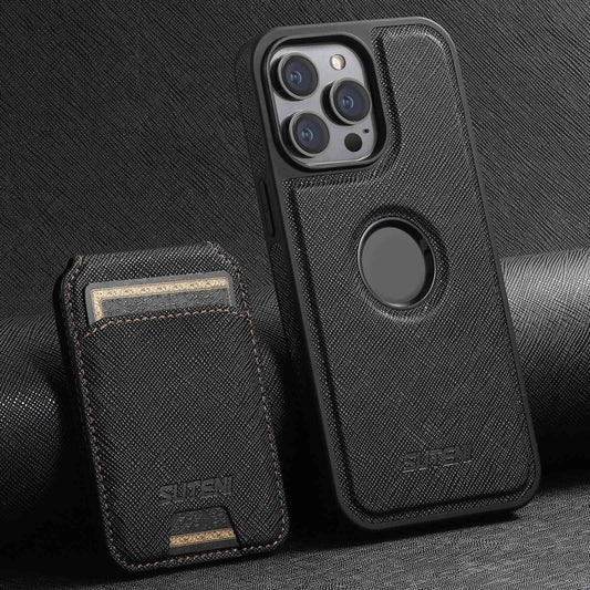 For iPhone 14 Pro Suteni M2 Cross-Grain MagSafe Vertical Card Back Phone Case(Black) - iPhone 14 Pro Cases by Suteni | Online Shopping South Africa | PMC Jewellery | Buy Now Pay Later Mobicred