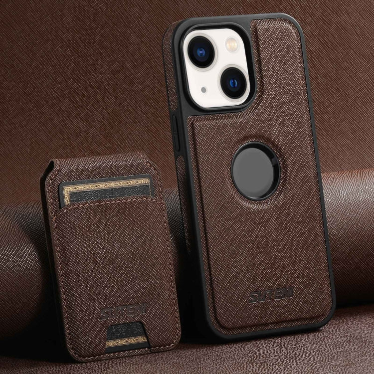 For iPhone 14 Suteni M2 Cross-Grain MagSafe Vertical Card Back Phone Case(Brown) - iPhone 14 Cases by Suteni | Online Shopping South Africa | PMC Jewellery | Buy Now Pay Later Mobicred