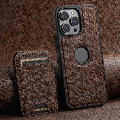 For iPhone 16 Pro Suteni M2 Cross-Grain MagSafe Vertical Card Back Phone Case(Brown) - iPhone 16 Pro Cases by Suteni | Online Shopping South Africa | PMC Jewellery | Buy Now Pay Later Mobicred