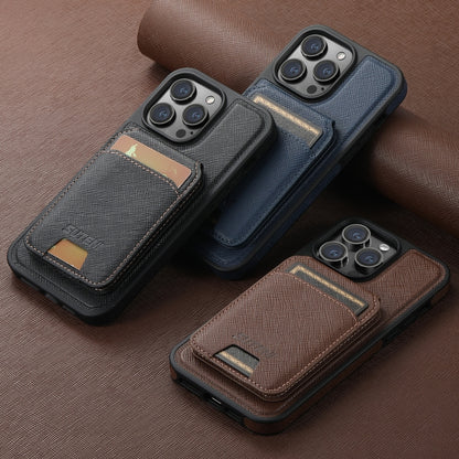 For iPhone 14 Suteni M2 Cross-Grain MagSafe Vertical Card Back Phone Case(Brown) - iPhone 14 Cases by Suteni | Online Shopping South Africa | PMC Jewellery | Buy Now Pay Later Mobicred