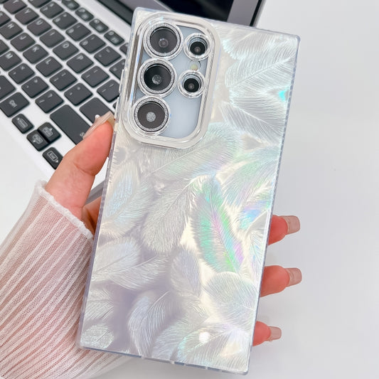 For Samsung Galaxy S25 Ultra 5G Plating Glitter Texture TPU Phone Case with Lens Film(White Feathers) - Galaxy S25 Ultra 5G Cases by PMC Jewellery | Online Shopping South Africa | PMC Jewellery | Buy Now Pay Later Mobicred