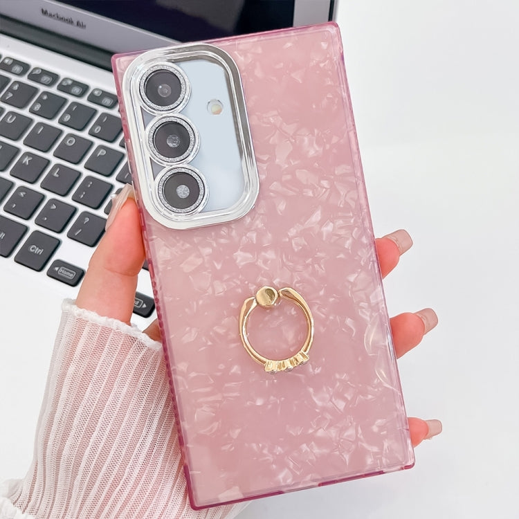 For Samsung Galaxy S25 5G Plating Glitter Texture Ring Holder TPU Phone Case with Lens Film(Pink Shell Pattern) - Galaxy S25 5G Cases by PMC Jewellery | Online Shopping South Africa | PMC Jewellery | Buy Now Pay Later Mobicred