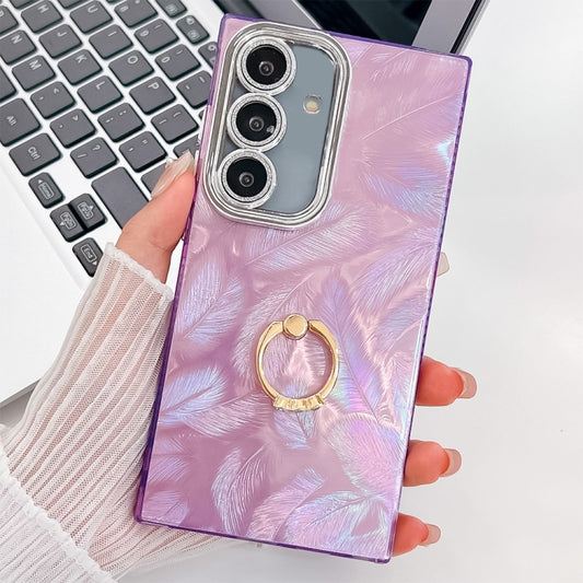 For Samsung Galaxy S25 5G Plating Glitter Texture Ring Holder TPU Phone Case with Lens Film(Purple Feathers) - Galaxy S25 5G Cases by PMC Jewellery | Online Shopping South Africa | PMC Jewellery | Buy Now Pay Later Mobicred