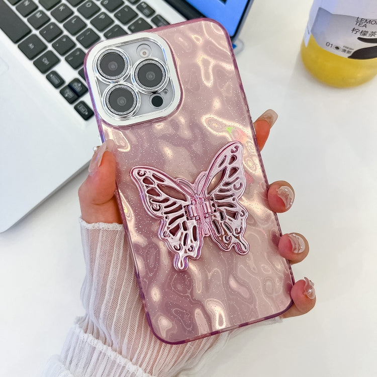 For iPhone 16 Pro Plating Glitter Texture Butterfly Holder TPU Phone Case with Lens Film(Pink Wrinkles) - iPhone 16 Pro Cases by PMC Jewellery | Online Shopping South Africa | PMC Jewellery | Buy Now Pay Later Mobicred