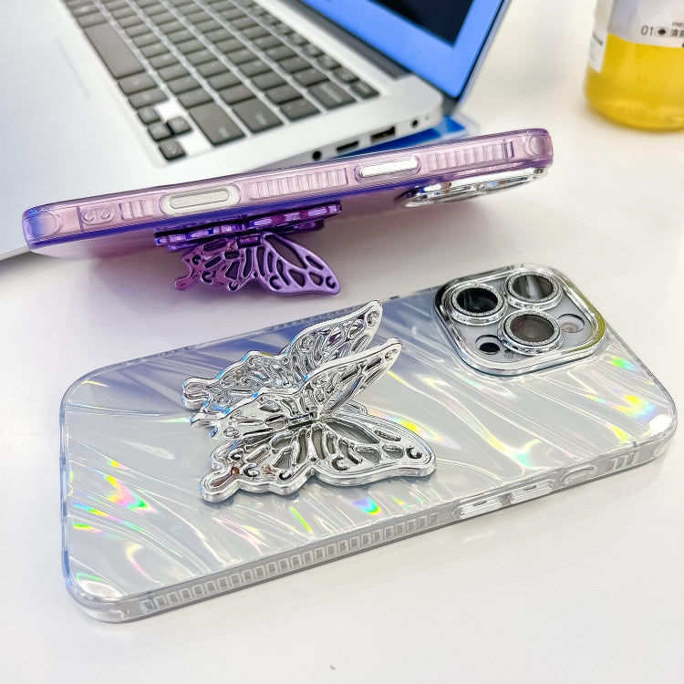 For iPhone 16 Pro Plating Glitter Texture Butterfly Holder TPU Phone Case with Lens Film(Pink Wrinkles) - iPhone 16 Pro Cases by PMC Jewellery | Online Shopping South Africa | PMC Jewellery | Buy Now Pay Later Mobicred