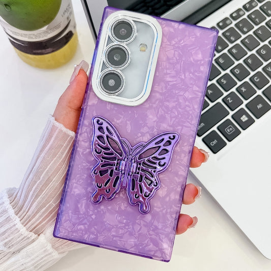 For Samsung Galaxy S25 5G Plating Glitter Texture Butterfly Holder TPU Phone Case with Lens Film(Purple Shell Pattern) - Galaxy S25 5G Cases by PMC Jewellery | Online Shopping South Africa | PMC Jewellery | Buy Now Pay Later Mobicred