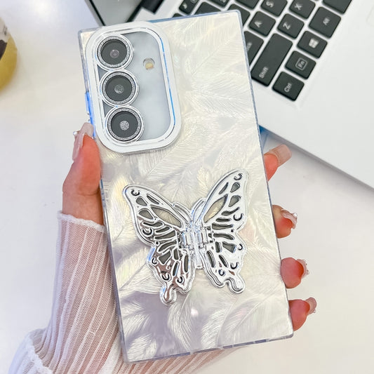 For Samsung Galaxy S25 5G Plating Glitter Texture Butterfly Holder TPU Phone Case with Lens Film(White Feathers) - Galaxy S25 5G Cases by PMC Jewellery | Online Shopping South Africa | PMC Jewellery | Buy Now Pay Later Mobicred